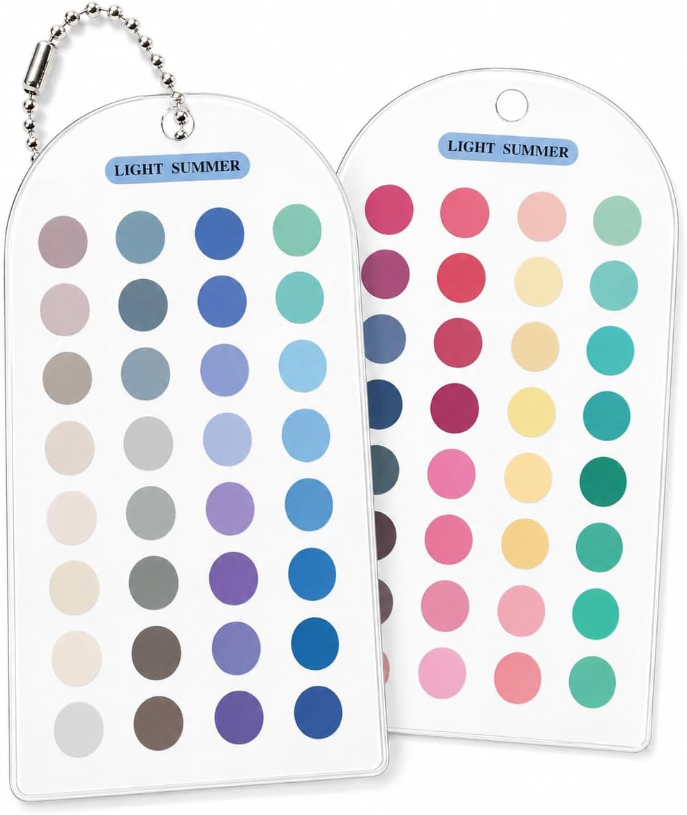Light Summer 12 Season Color Analysis Template Cards (Set of 2), Portable Pastel Styling Guide for Outfits & Makeup, Scratch-Proof Double-Sided Palette with 60+ Keychain Chain