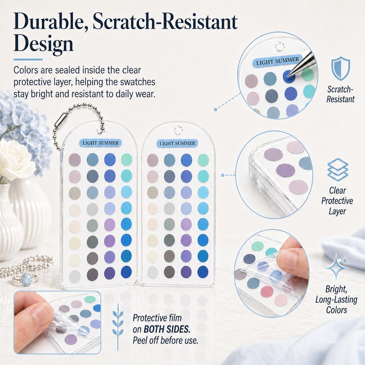 Light Summer 12 Season Color Analysis Template Cards (Set of 2), Portable Pastel Styling Guide for Outfits & Makeup, Scratch-Proof Double-Sided Palette with 60+ Keychain Chain - Image 2