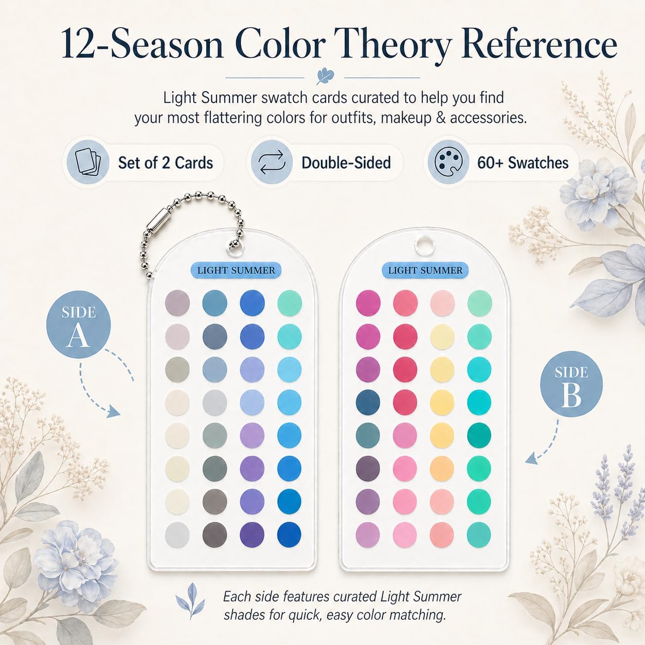 Light Summer 12 Season Color Analysis Template Cards (Set of 2), Portable Pastel Styling Guide for Outfits & Makeup, Scratch-Proof Double-Sided Palette with 60+ Keychain Chain - Image 3