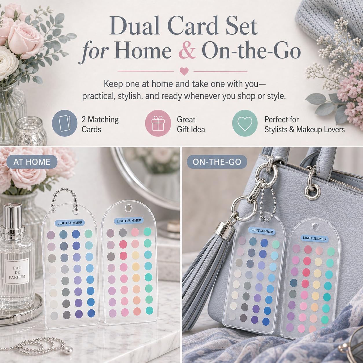 Light Summer 12 Season Color Analysis Template Cards (Set of 2), Portable Pastel Styling Guide for Outfits & Makeup, Scratch-Proof Double-Sided Palette with 60+ Keychain Chain - Image 4