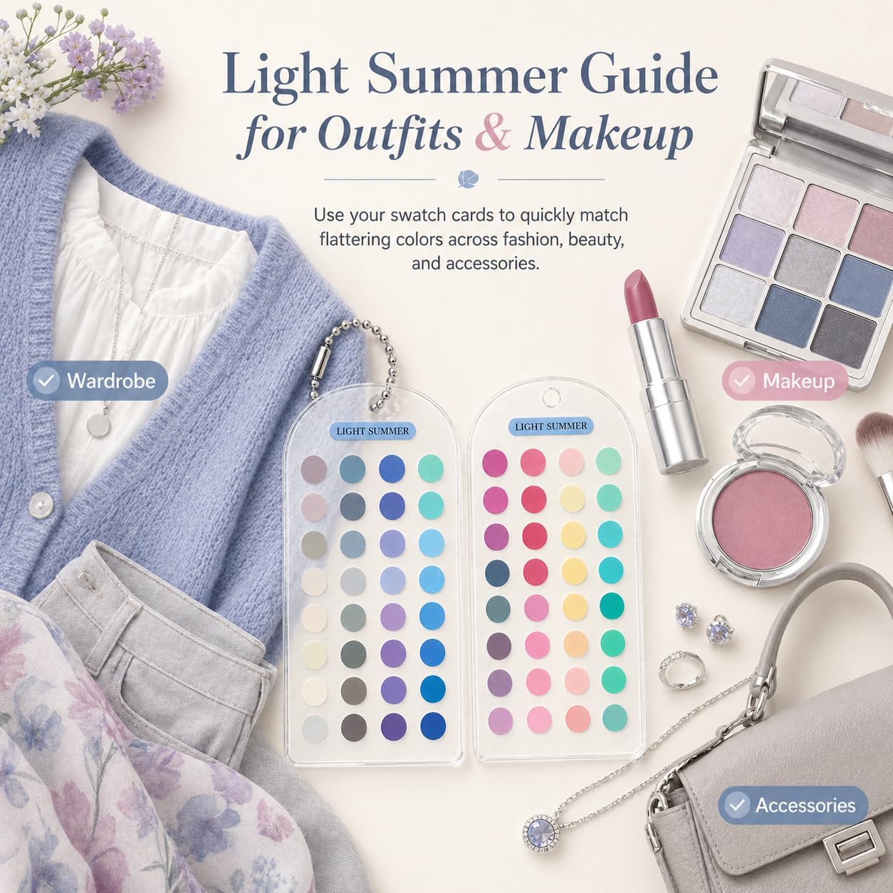 Light Summer 12 Season Color Analysis Template Cards (Set of 2), Portable Pastel Styling Guide for Outfits & Makeup, Scratch-Proof Double-Sided Palette with 60+ Keychain Chain - Image 5
