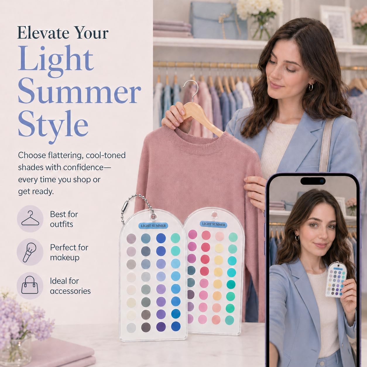Light Summer 12 Season Color Analysis Template Cards (Set of 2), Portable Pastel Styling Guide for Outfits & Makeup, Scratch-Proof Double-Sided Palette with 60+ Keychain Chain - Image 7
