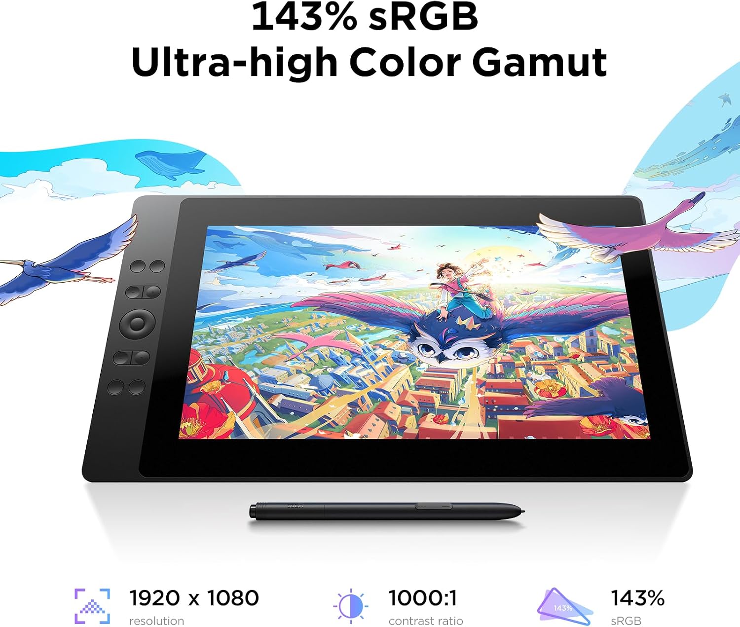 UGEE 15.4 inch Drawing Tablet with Screen,143% sRGB UE16 Computer Graphics Tablet with Full-Laminated Screen 8+1 Hot Keys 16K Level Pressure Battery-Free Stylus,Drawing Pad for PC/Windows/Mac/Android - Image 7