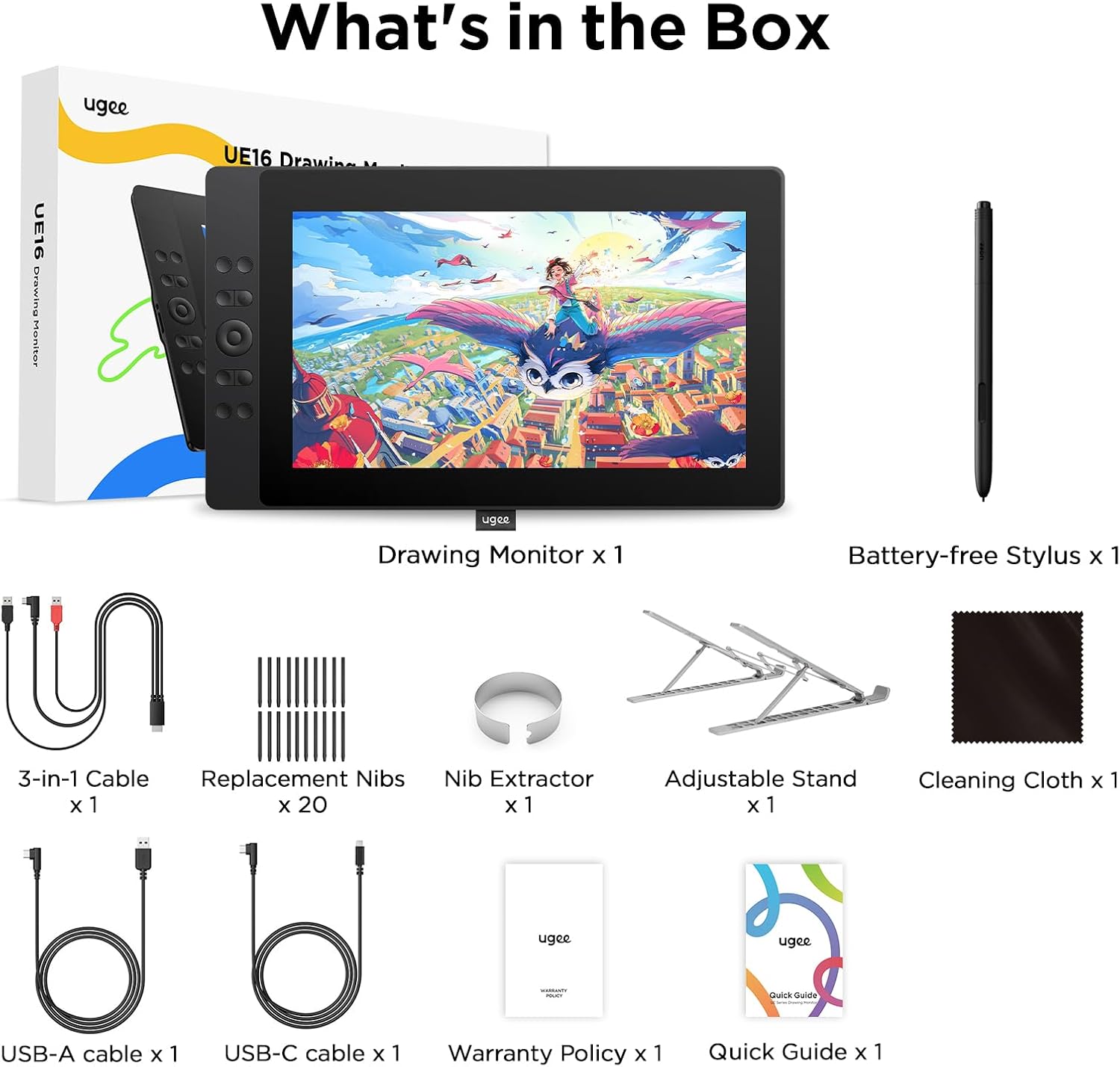 UGEE 15.4 inch Drawing Tablet with Screen,143% sRGB UE16 Computer Graphics Tablet with Full-Laminated Screen 8+1 Hot Keys 16K Level Pressure Battery-Free Stylus,Drawing Pad for PC/Windows/Mac/Android - Image 8