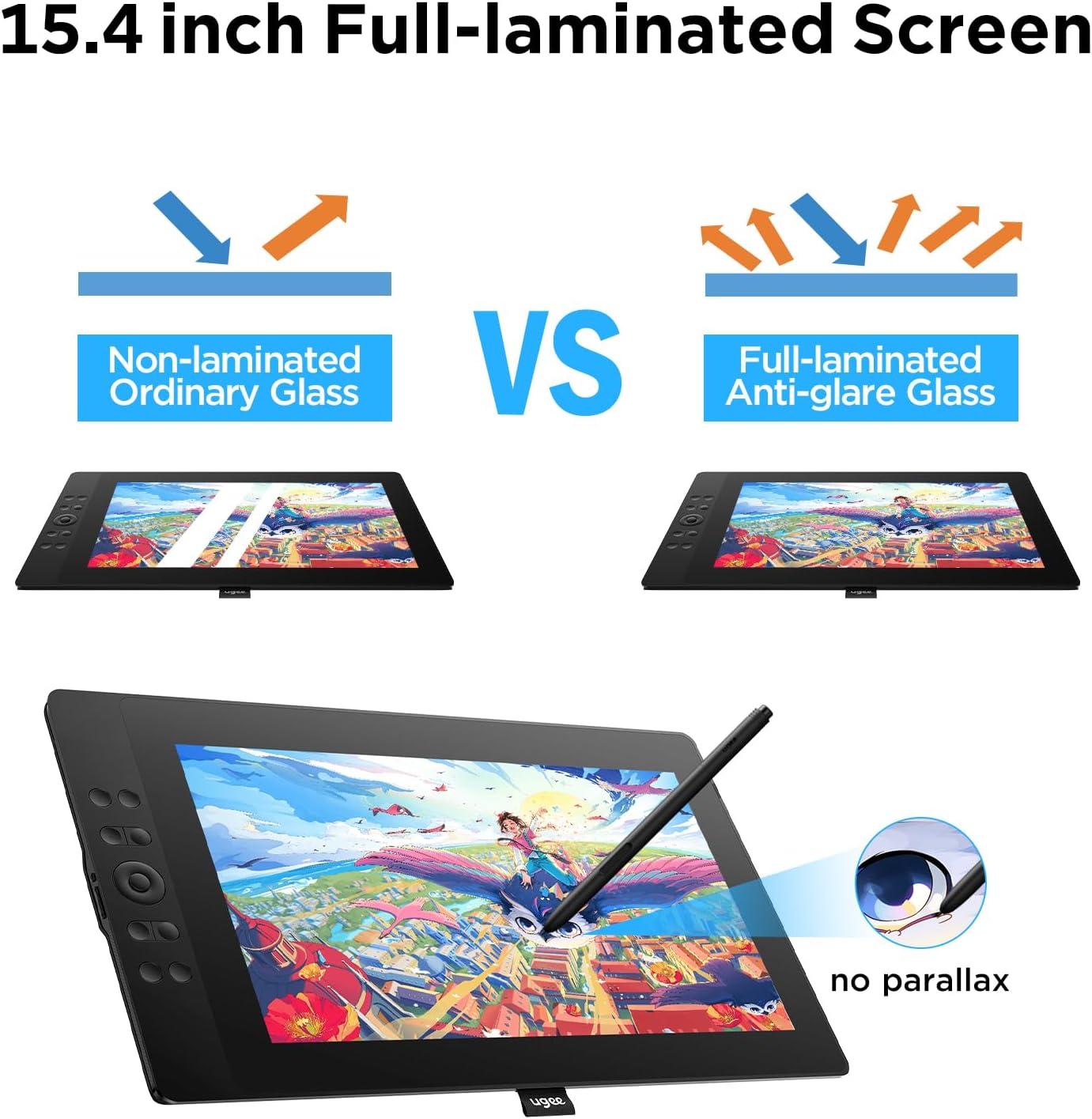 UGEE 15.4 inch Drawing Tablet with Screen,143% sRGB UE16 Computer Graphics Tablet with Full-Laminated Screen 8+1 Hot Keys 16K Level Pressure Battery-Free Stylus,Drawing Pad for PC/Windows/Mac/Android - Image 9